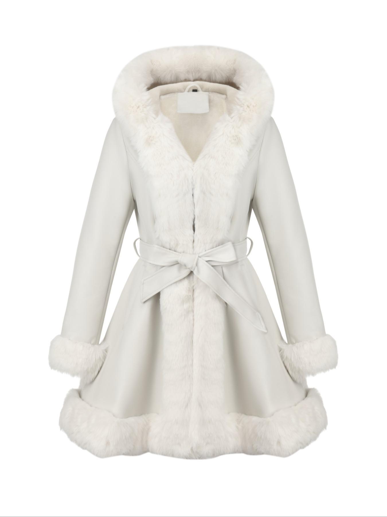 Giolshon Women's Fall & Winter PU Long Jackets, Warm Casual Hooded Fitted Coats with Detachable Belt and Faux Fur, Everyday Stylish Aesthetic Outerwear