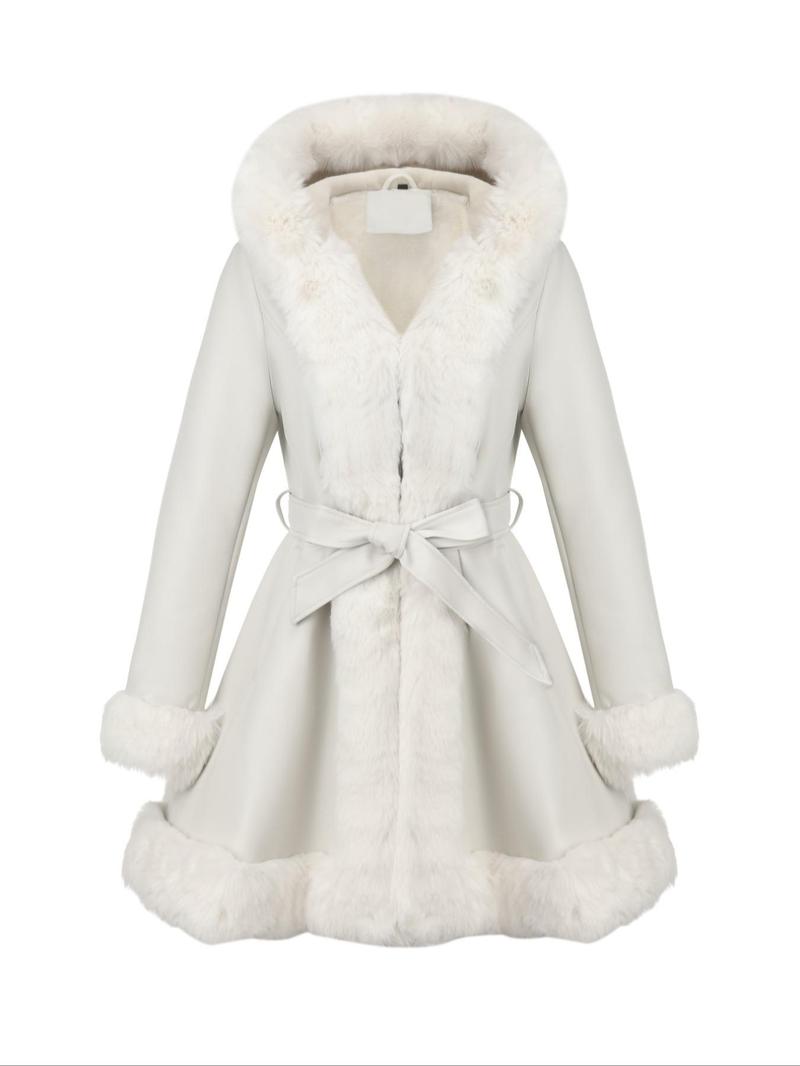 Giolshon Women's Fall & Winter PU Long Jackets, Warm Casual Hooded Fitted Coats with Detachable Belt and Faux Fur, Everyday Stylish Outerwear