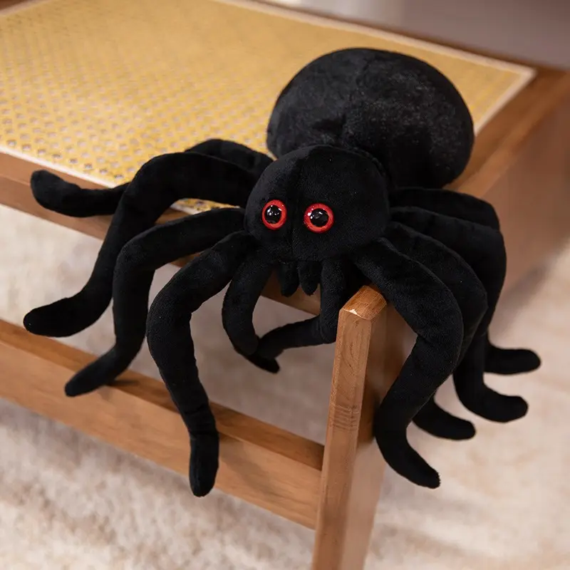 Unisex Large Realistic Black Spider Plush Doll, Ages 10+, Built-In Wire Bendable Legs, Bright Red Round Eyes, Fluffy Torso, Spooky Stuffed Toy, Halloween Haunted House Decor, Cross-Border Wholesale Gift