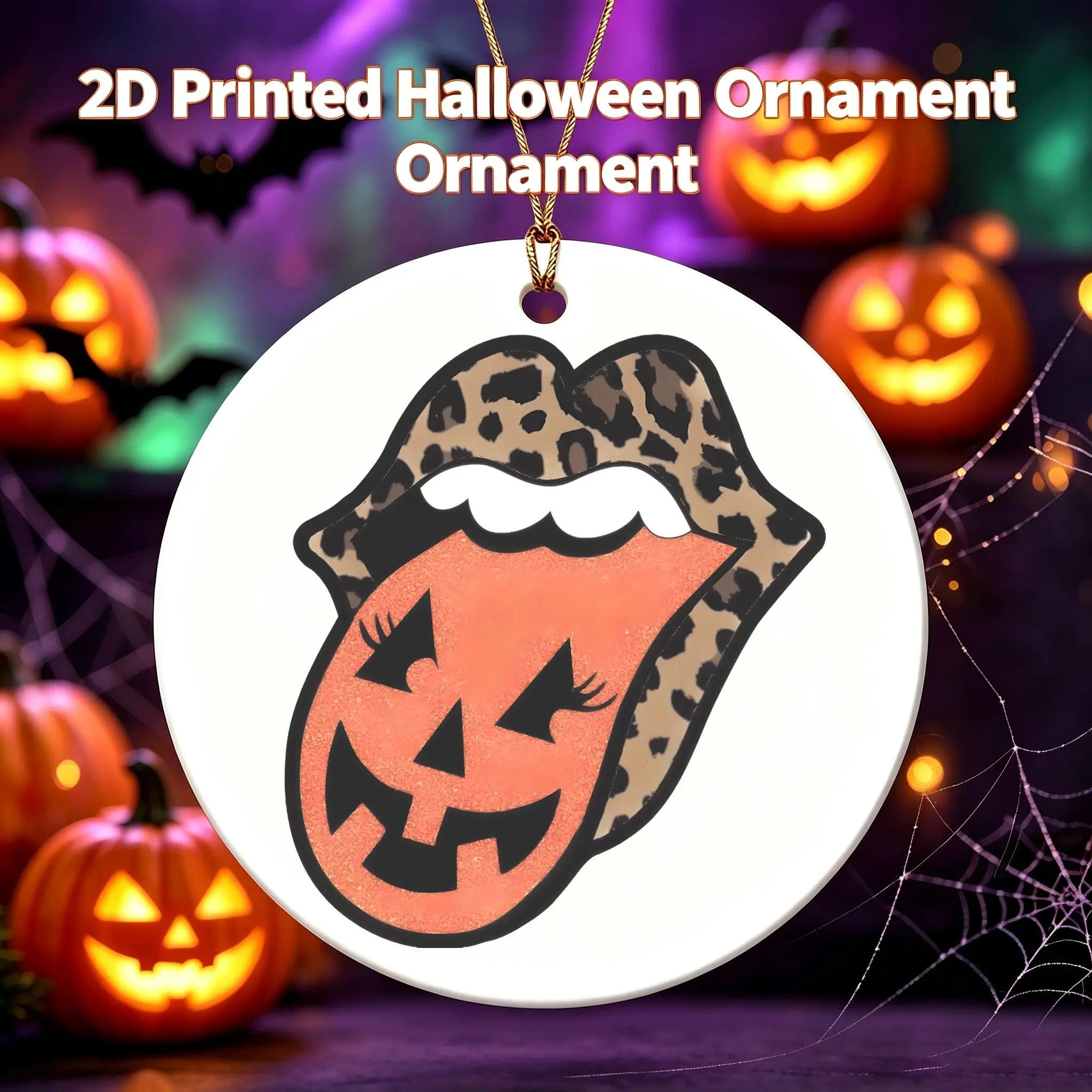 Halloween Style Ceramic Ornament Leopard Lips Pumpkin Face Design Ceramic Hanging Decoration For Party Home Decor 3 Inch