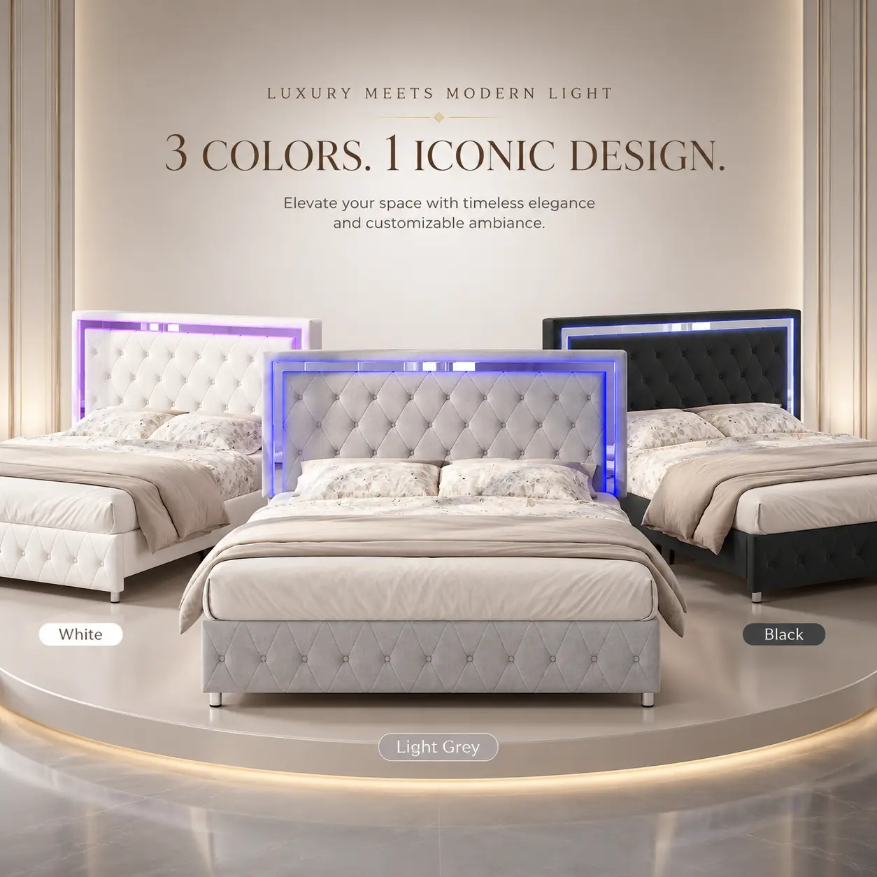 Full/Queen Size Velvet Upholstered Platform Bed Frame With LED Lights, Headboard & Footboard - No Box Spring Required, Light Grey, Full Size Bed, Bed Frames