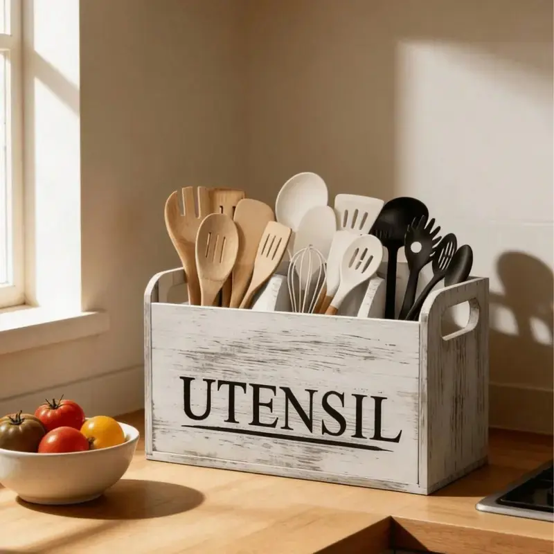 Wooden Kitchen Utensil Holder, Cooking Tools Storage Rack, Kitchen Utensils Storage Box, Kitchen Pantry Storage, Kitchen Organizers Storage, Countertop Kitchen Organizer