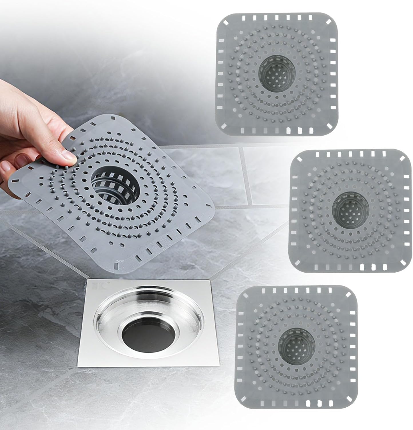 Silicone Bathtub Drain Hair Catcher – 3PCS Shower Drain Protector for 1.48" to 1.76" Regular Drains – Easy-to-Clean and Reusable Grey
