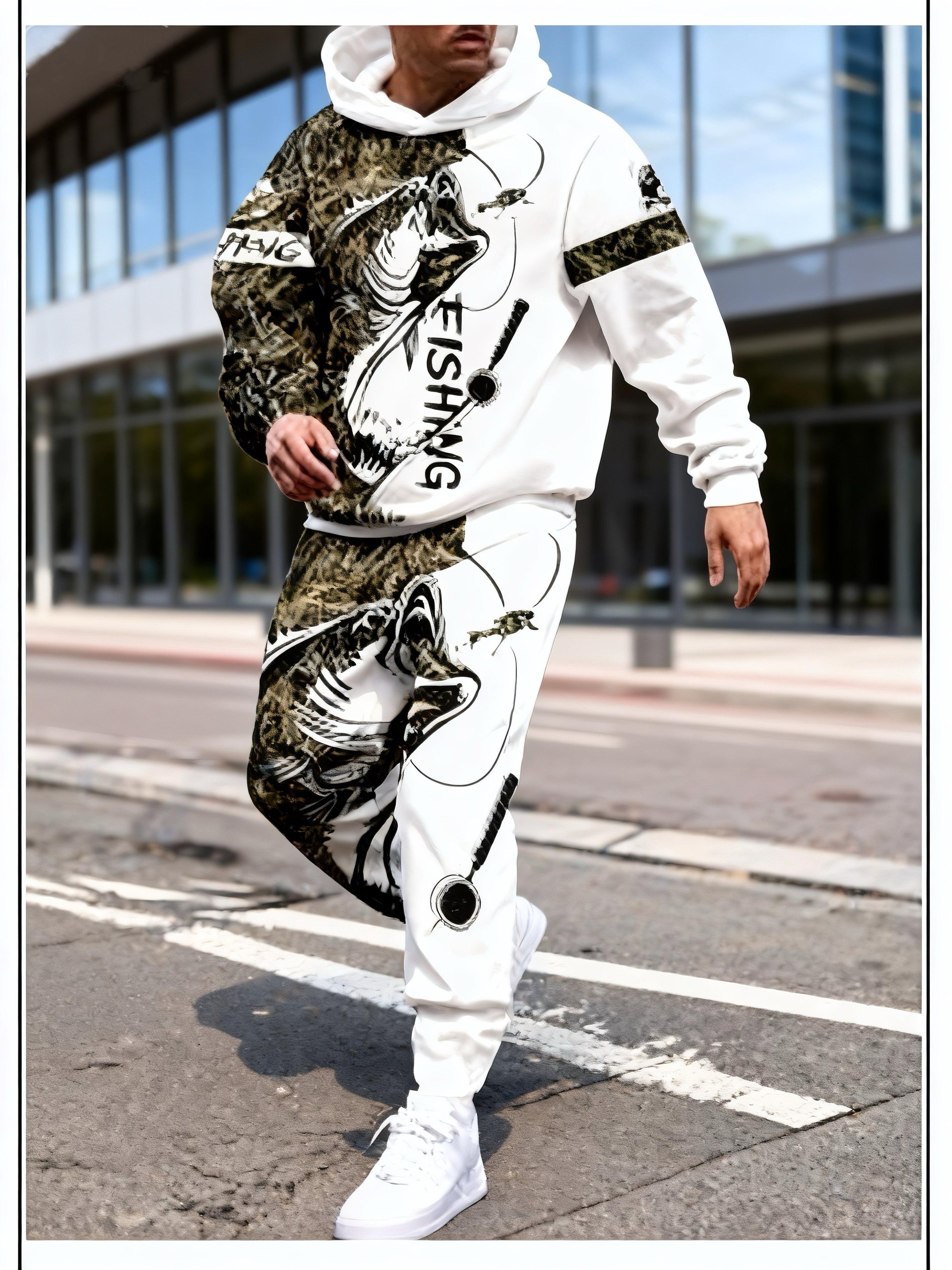 European and American men's digital printed hooded sweatshirt+pants set - salmon print camouflage splicing, fashionable running casual two-piece set