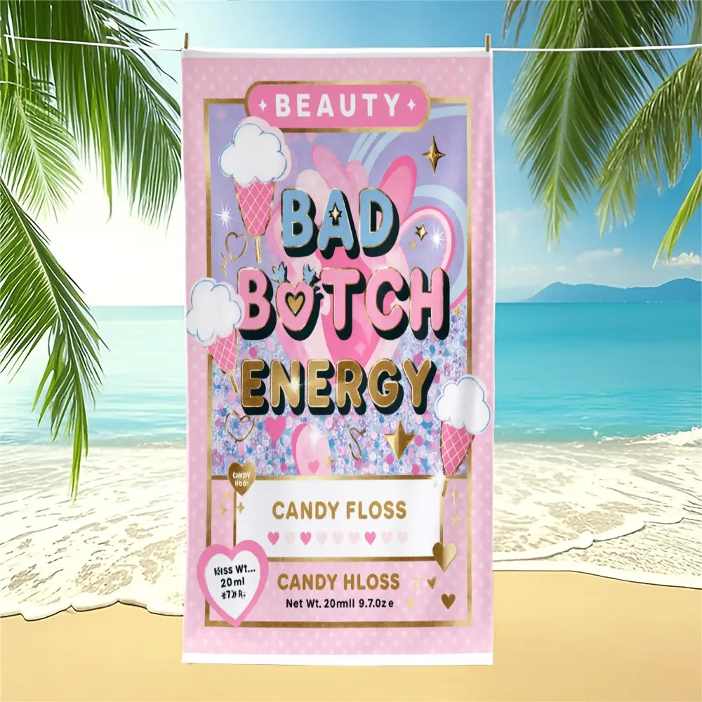 Pink Dot Ice Cream Heart Y2K Text Print Beach Towel, Microfiber Quick Dry Oversized Towel, Portable Towel for Girly Trend Lovers for Island Vacation & Spa Trip