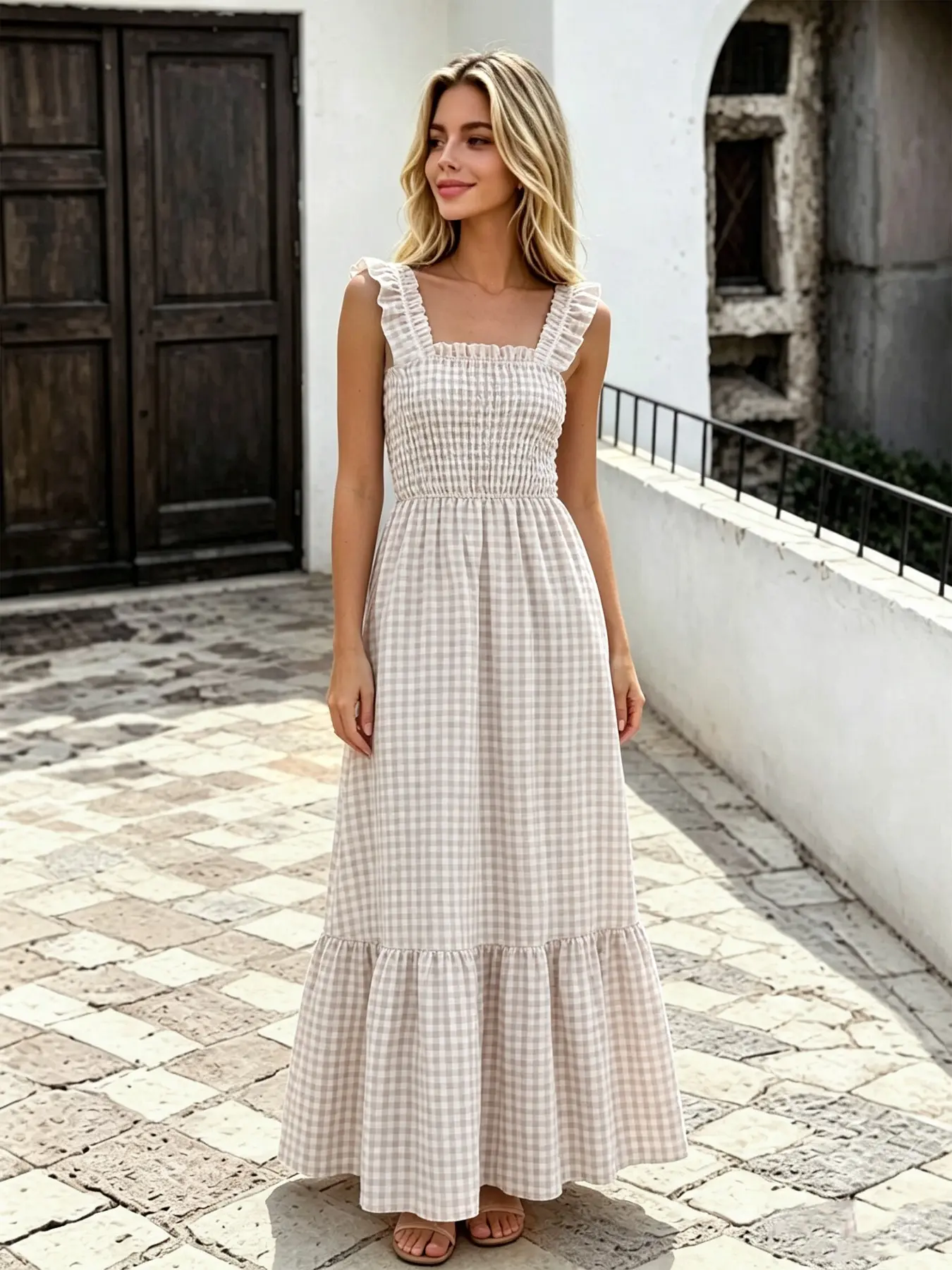 A fashionable, feminine and fresh plaid gingham square neck maxi dress for women, with small fly sleeves and ruffle, suitable for summer, beach vacations, friend gatherings, park picnics, etc.