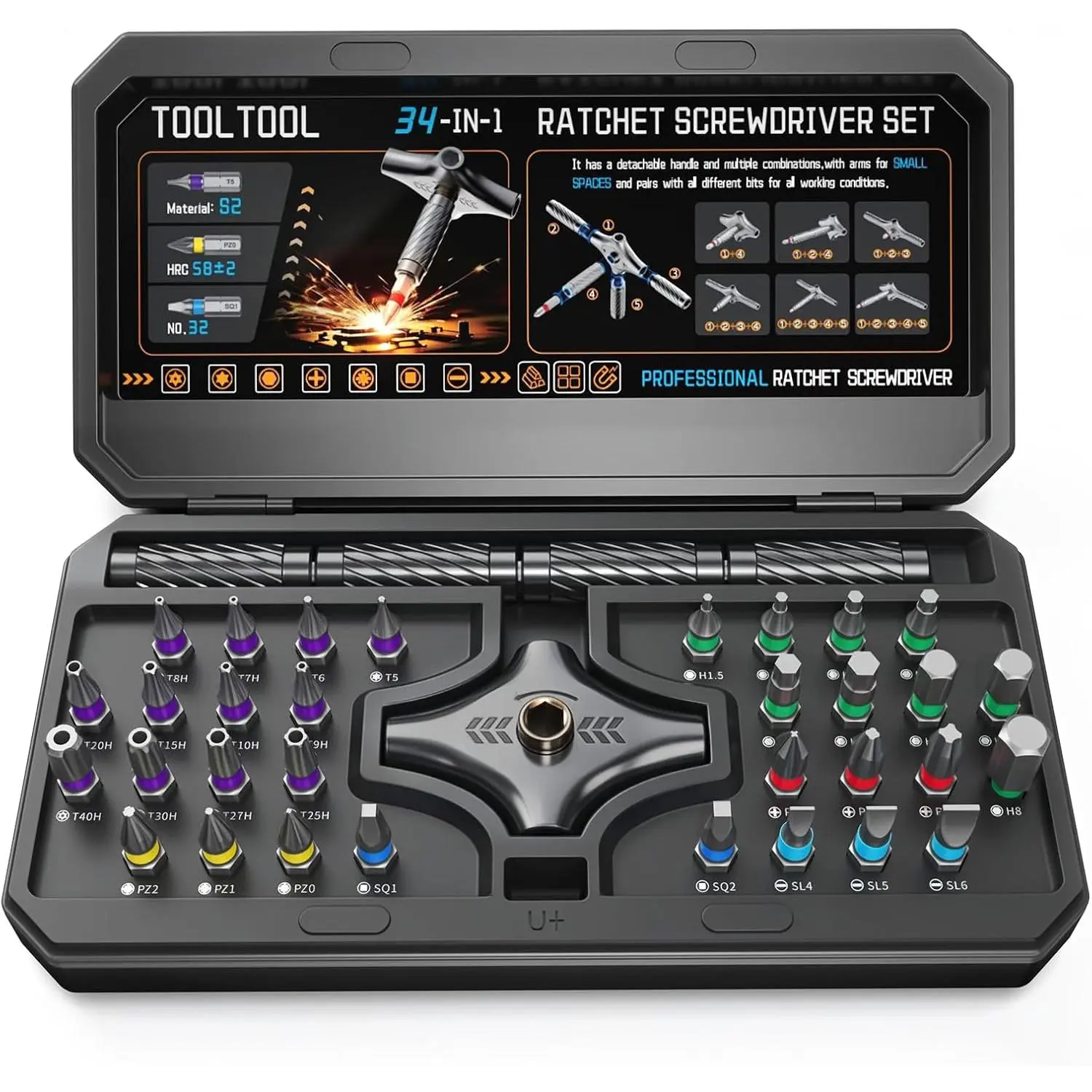 TOOLTOOL   Set 34 in 1, Ratchet  with DIY 4 Handles and Multi Precision Bits, Ratcheting Screw Driver Set with Portable Storage Case for PC/Mobile/Watch//Furniture