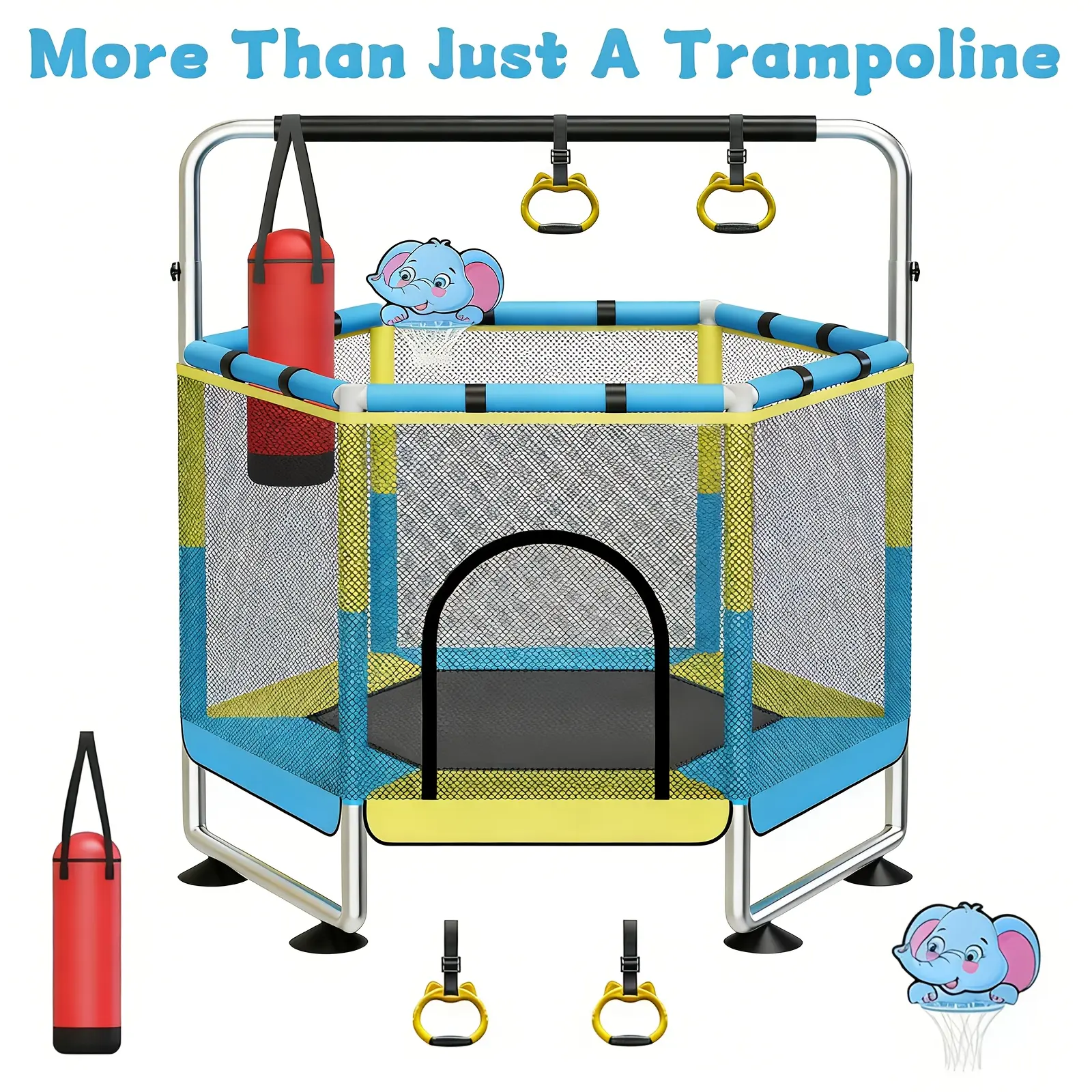 1pc 63.7" Height-Adjustable Trampoline, Include Safety Enclosure, 400 LBS Capacity, Indoor/Outdoor Hexagonal Trampoline, Adjustable Gymnastics Bar, Sandbag, Premium Exercise & Play Space, Holiday Gifts