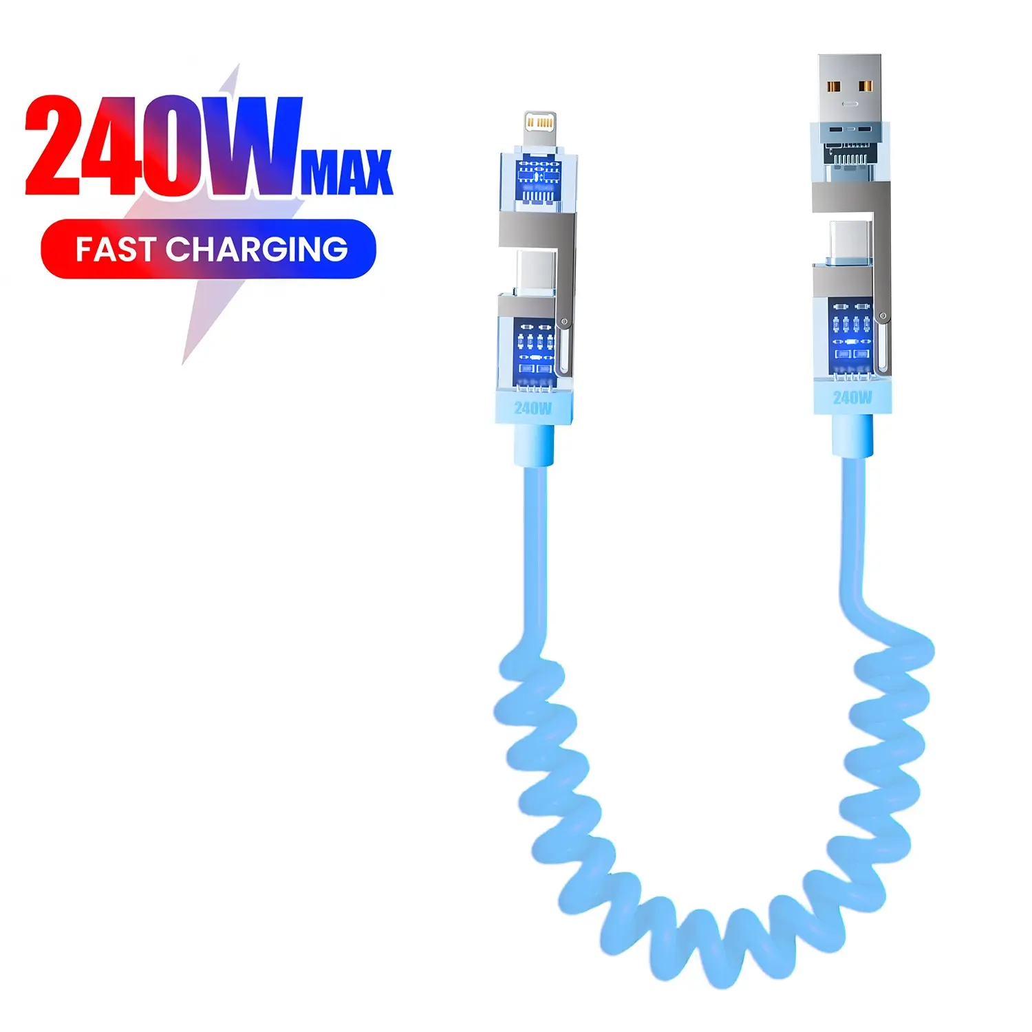 1 piece of 240W four in one fast charging fragrance charging cable, spring stretched 2-meter USB PD to Type-C IOS interface fast charging data cable, comes with fragrance charging cable, Fast Charger Cord