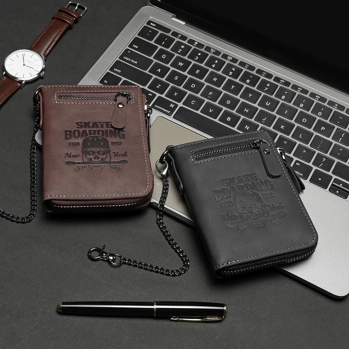 Skull Embossed Short Zip Wallet for Men Bifold PU Leather Card Holder with Multiple Slots Rock Style Money Clip for Credit Cards & Cash Everyday Essential