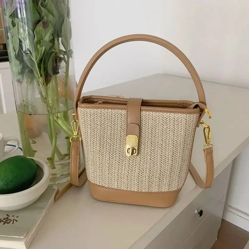 Woven Straw Bucket Bag for Women, Funky Baroque & Romantic Top Handle Crossbody Purse for Summer Beach Travel, Peppy