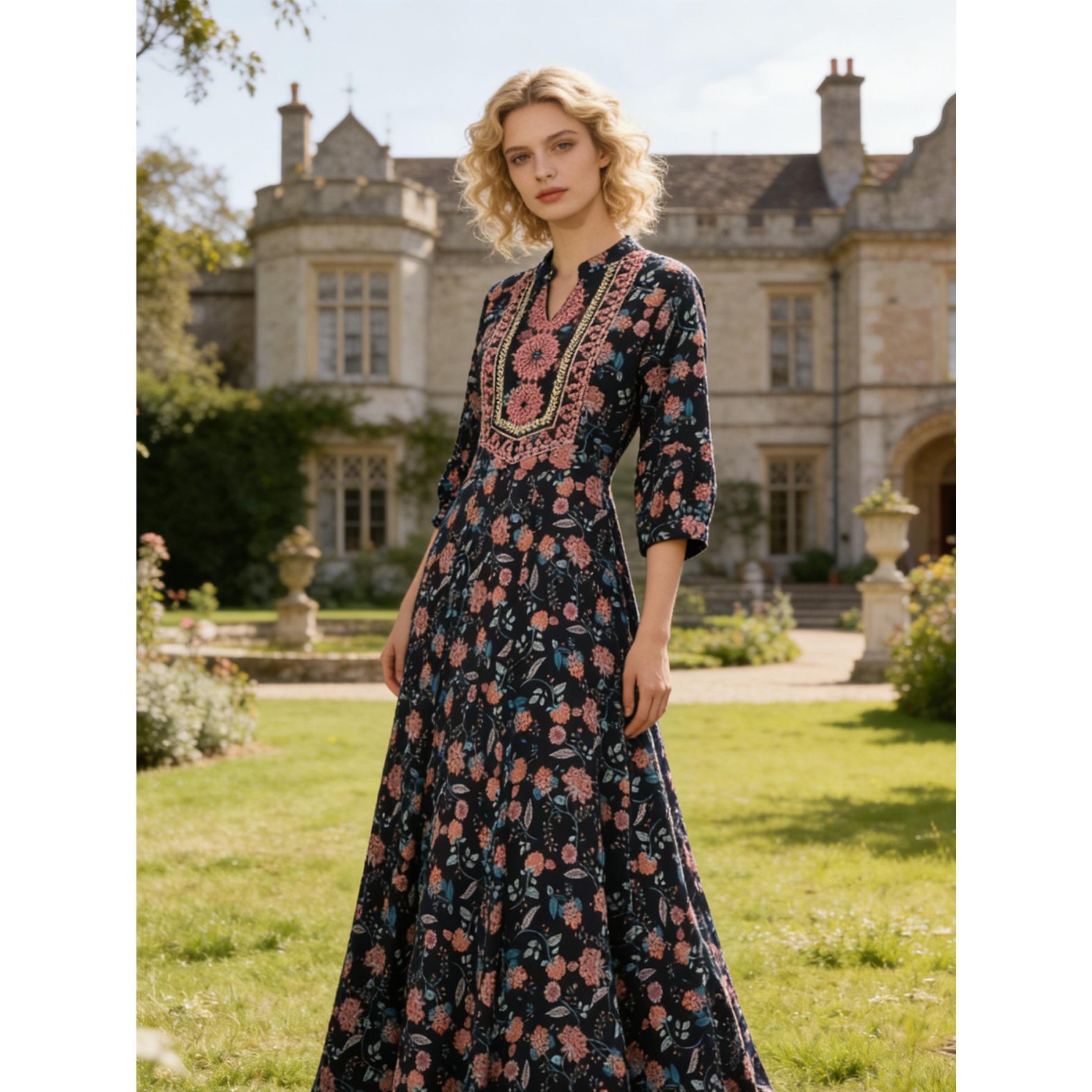 Boho Floral Embroidery Maxi Dress Elegant V-Neck Flowy Gown | Size Inclusive S-4XL Oversize | Perfect for Vacation, Church, Family Photos & Summer Weddings