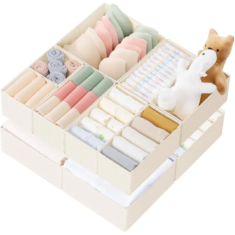 Criusia 10-Pack Multi-Size Fabric Drawer Bins Set - 3 Sizes High Capacity Rectangular Foldable Odorless Organizer Boxes, Beige Clothing Sorters for Nursery Closet Dividers, Bedroom Inserts, Set Pack