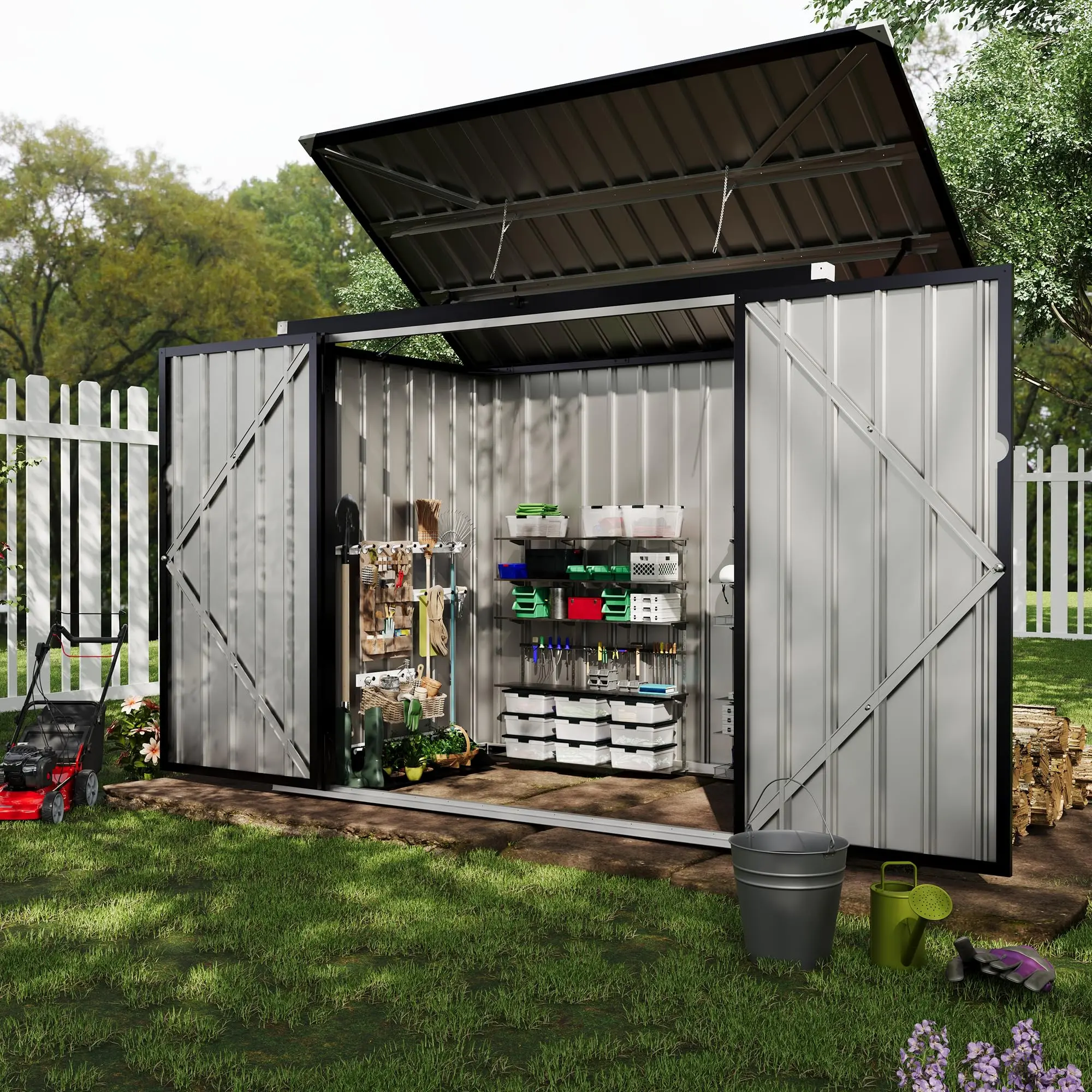 3 x 6 FT Metal Outdoor Trash Can Storage Shed, 2-Bin Garbage Bin Enclosure with Secure Chain Lid, Weatherproof Metal Waste Storage Cabinet for Garden, Backyard & Patio Use
