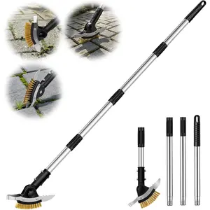 Crack Weeder Long Handle - 3-in-1 Adjustable Crevice Cleaning Brush with 2 Scrapers, Durable Manual Stainless Steel Weed Puller Tool for Driveway Patio Sidewalk Garden Lawn