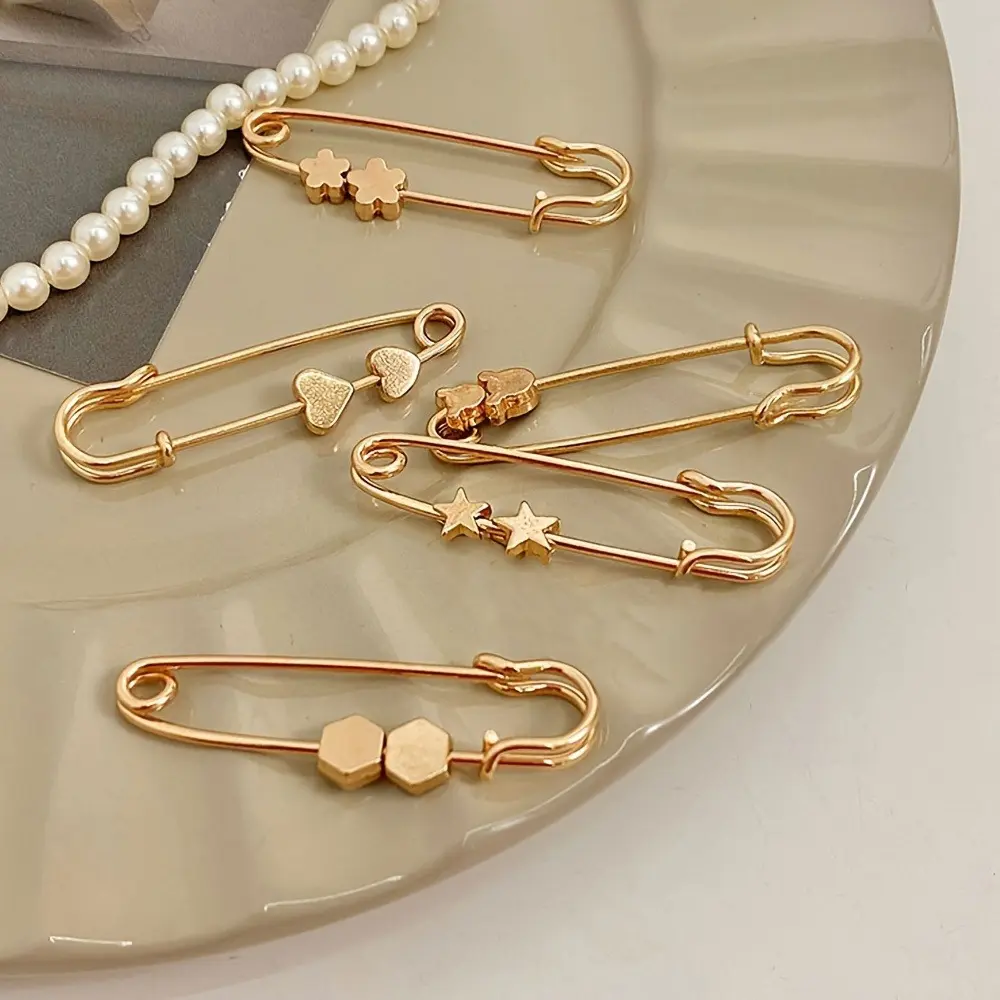 [Vintage Brooch Pin Set] 5pcs Golden Quilting Adjustable Waist Safety Pins, Fashion Clothing Decor for Dresses, Jeans