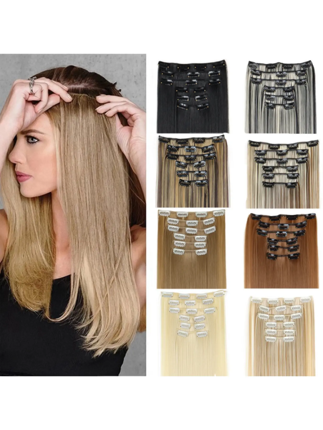24-Inch Synthetic Smooth Straight Clip-In Hair Extensions For Women Natural Silky Long Straight Hair Piece Easy To Install For Daily Dating Party Hairstyle