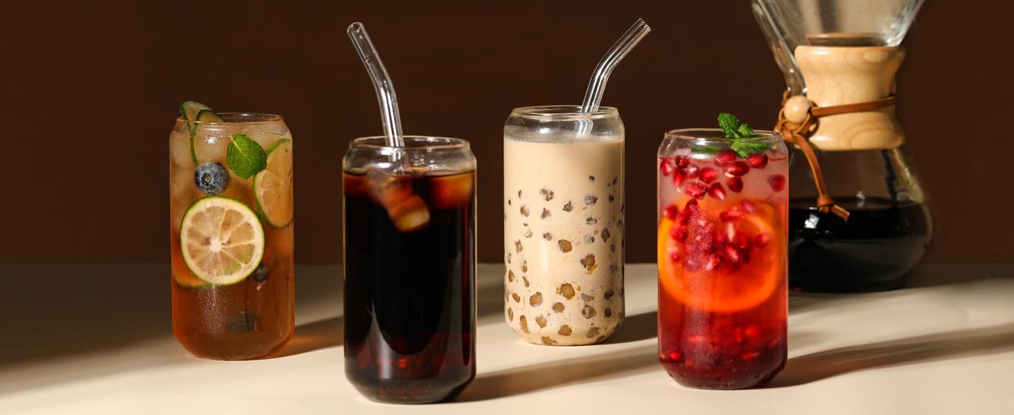 Glasses with Glass Straw 4pcs Set - 16oz Highball Glass Cups, Beer Glasses, Iced Coffee Glasses, Cute Tumbler Cup, Ideal for Whiskey, Soda, Tea, Water, Gift, 1 Brushes