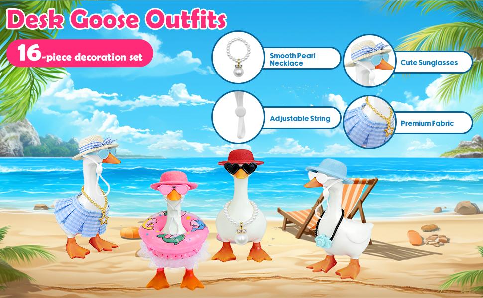 Desk Goose Outfits 7 Inches, 16PCS Mini Desk Goose Clothes with Hats, Sunglasses, Bikini,Swimming Ring, Dresses for Magnetic Porch Goose Key Holder Decor & Office Gifts