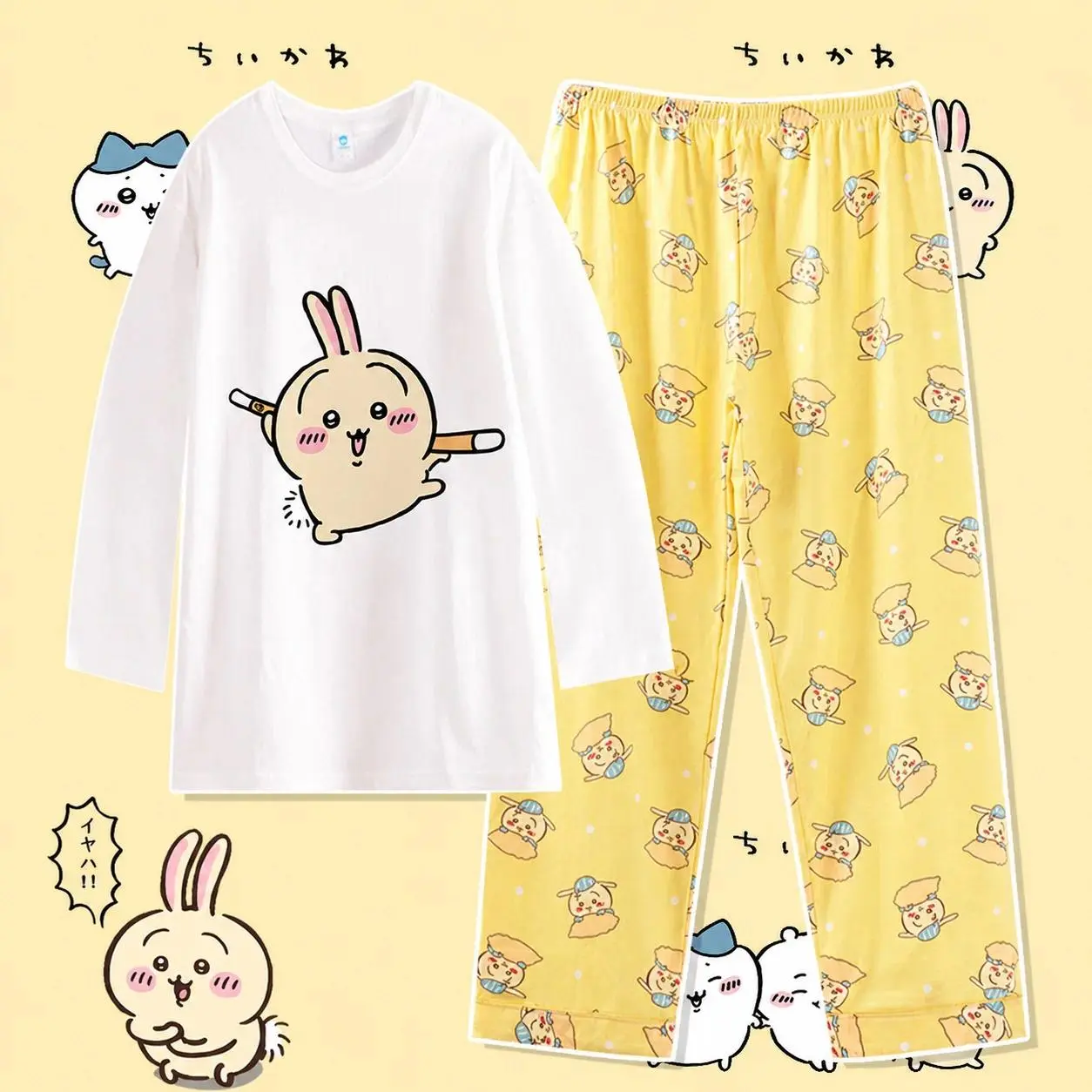 2Pcs Anime Chiikawa Homewear Usag Pajama Set Hachiware Round Neck Tops and Pants Set Cute Cartoon Household Clothes Set Gift