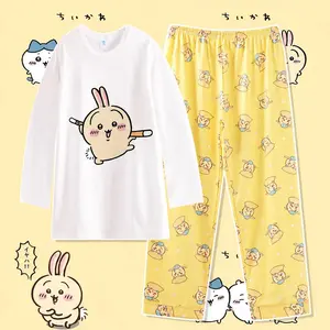 2Pcs Anime Chiikawa Homewear Usag Pajama Set Hachiware Round Neck Tops and Pants Set Cute Cartoon Household Clothes Set Gift