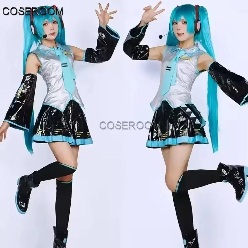 Miku Cosplay Costume - Women's Silver Leather Fabric Suit, JK Sailor High School Dress, Halloween Uniform with Wig, Festive Party Supplies Accessories, Women's Clothes