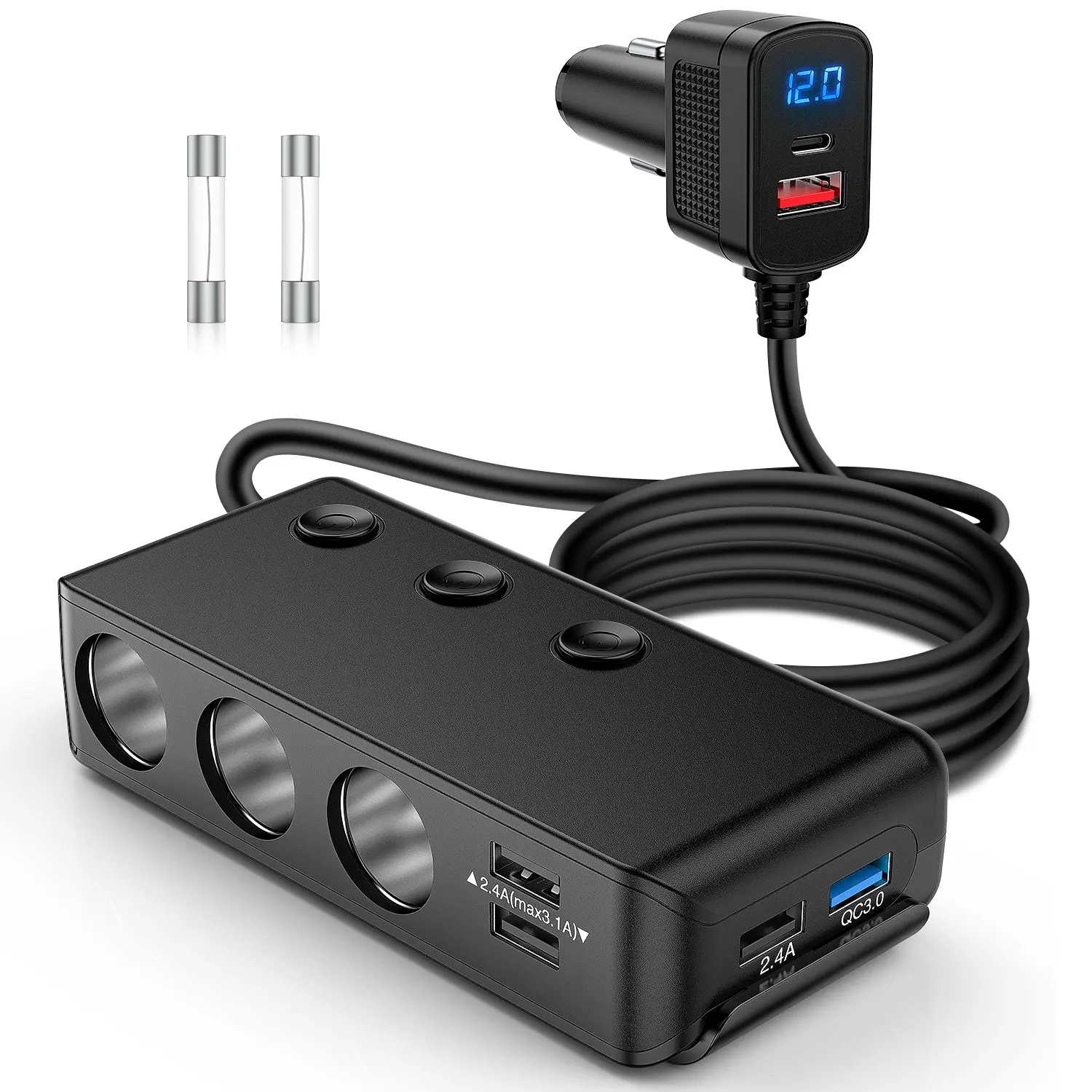 Nilight 9-in-1 163W Plug-in Car Charger - QC 3.0, 3 Cigarette Lighter Sockets, 4 USB Ports, PD Fast Charge, Independent Power Control Switches, LED Voltage Display for 12V/24V Vans (Multi Device Power for Car Fridge, Sat Nav), S21