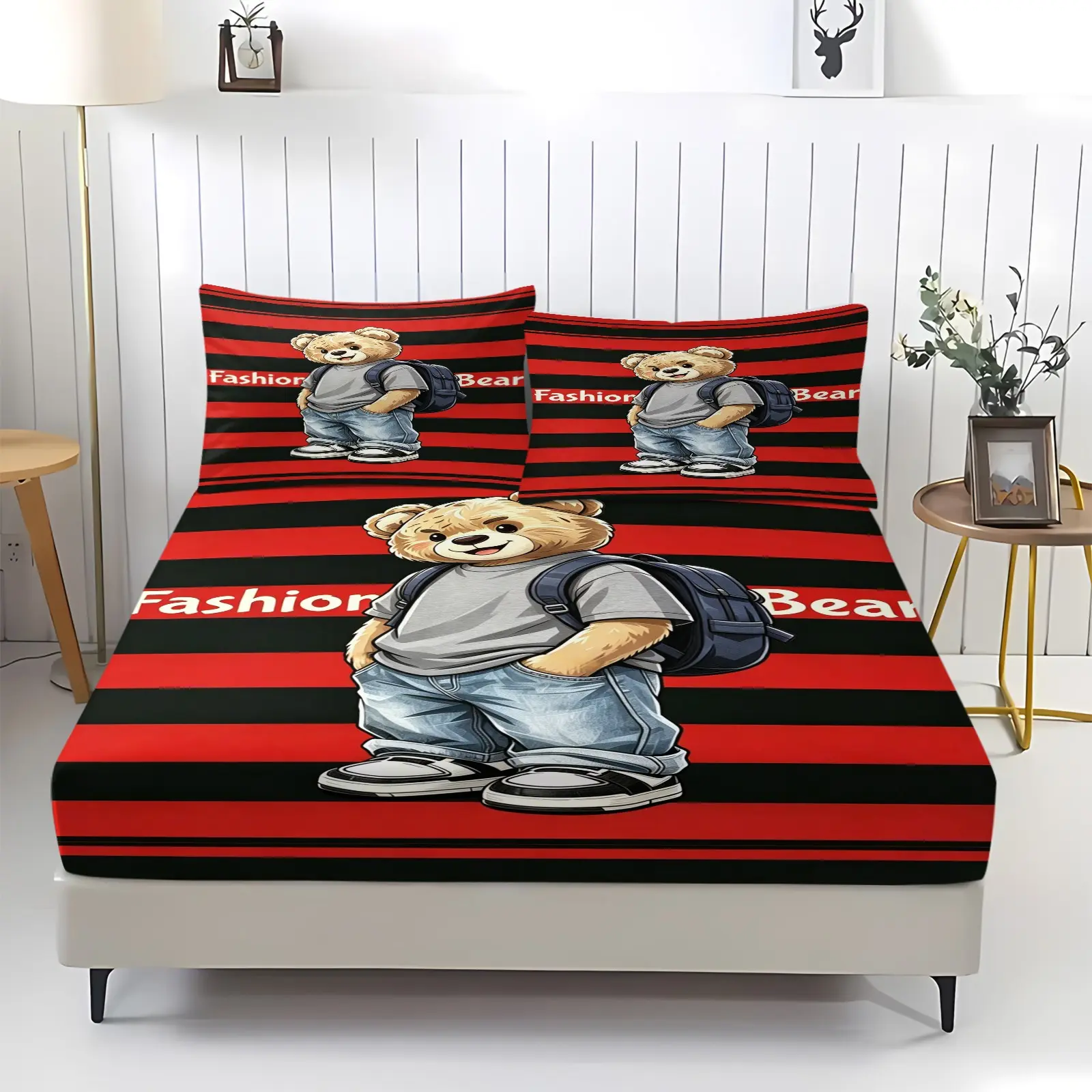 Fashionable teddy bear printed pattern bed sheet, including 1 bed sheet and 2 pillowcases, anti slip dust cover suitable for bedrooms and guest rooms, suitable for personal use or gift giving, Printed Bedding Set