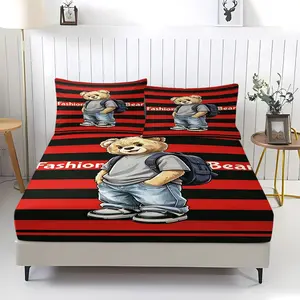 Fashionable teddy bear printed pattern bed sheet, including 1 bed sheet and 2 pillowcases, anti slip dust cover suitable for bedrooms and guest rooms, suitable for personal use or gift giving