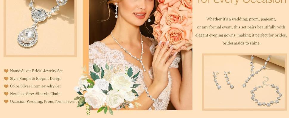 FUNRUN Silver Jewelry Set for Women Rhinestone Necklace and Earrings Bridal Wedding Jewelry Sets for Brides Bridesmaid Crystal Wedding Prom Jewelry Christmas Day Gift