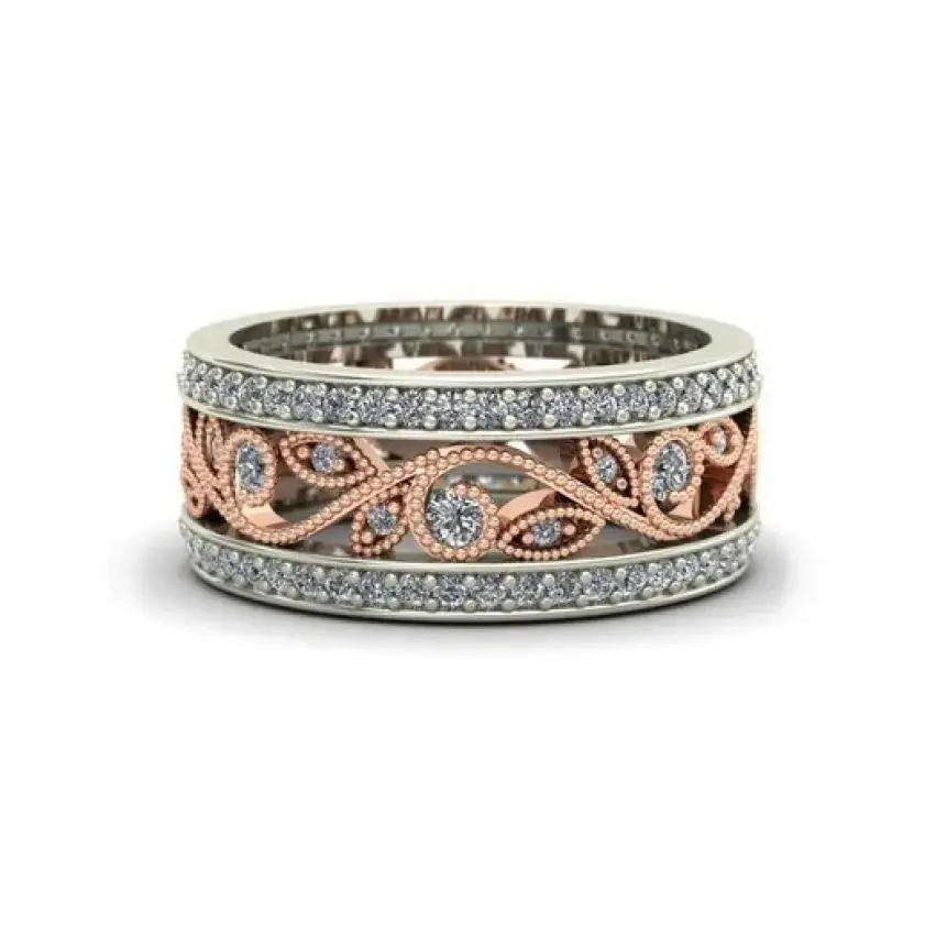 New flower hollowout full encrusted zircon two-color electroplated ring ebay color separation ring for women  Give people holiday gifts