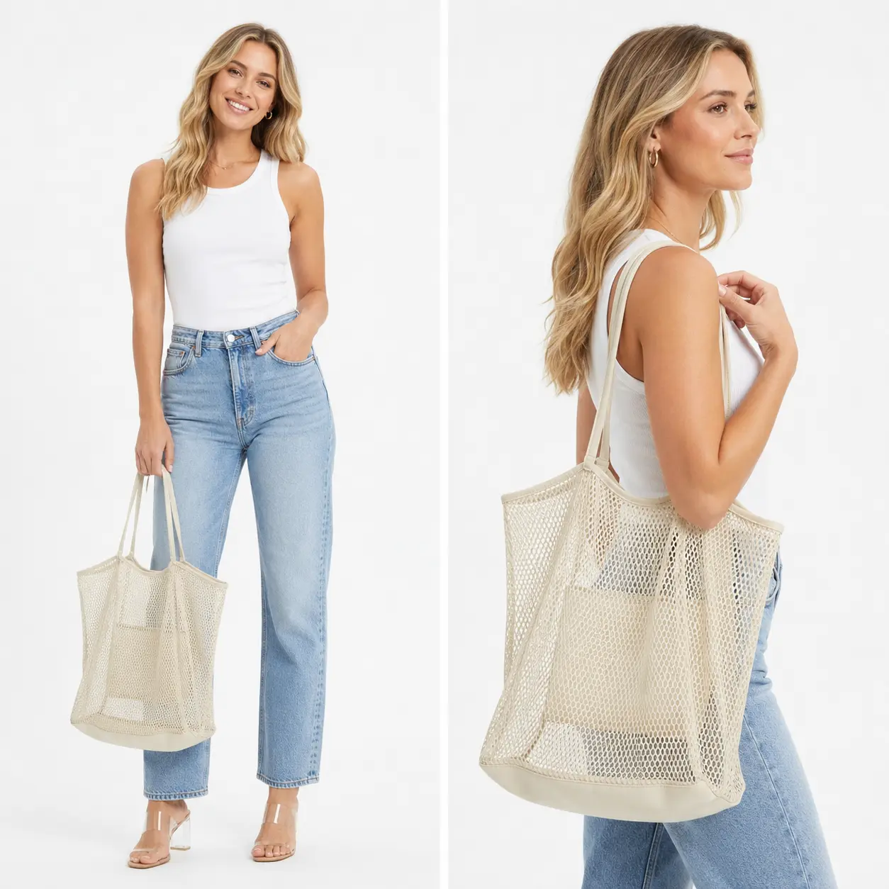 Large Capacity Mesh Beach Bag, Solid Lightweight Foldable Tote for Outdoor Activities and Multi-Function Storage