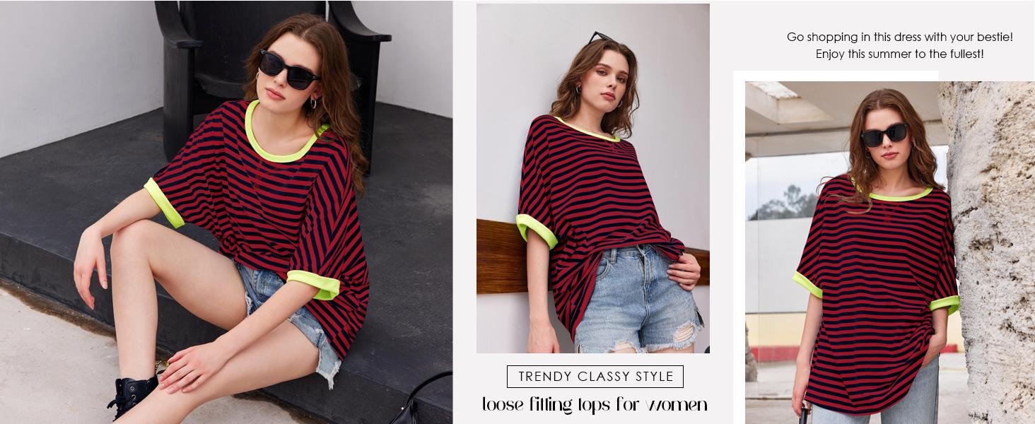Imily Bela Womens Striped Oversize T-Shirt Casual Half Sleeve Color Block Tunic Summer Crew Neck Tee Tops