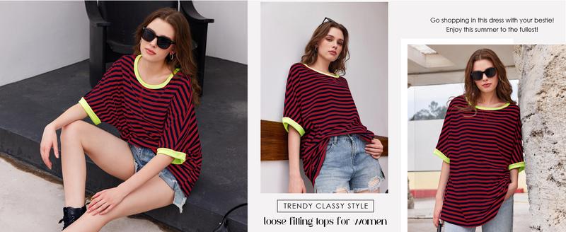 Imily Bela Womens Striped Oversize T-Shirt Casual Half Sleeve Color Block Tunic Summer Crew Neck Tee Tops