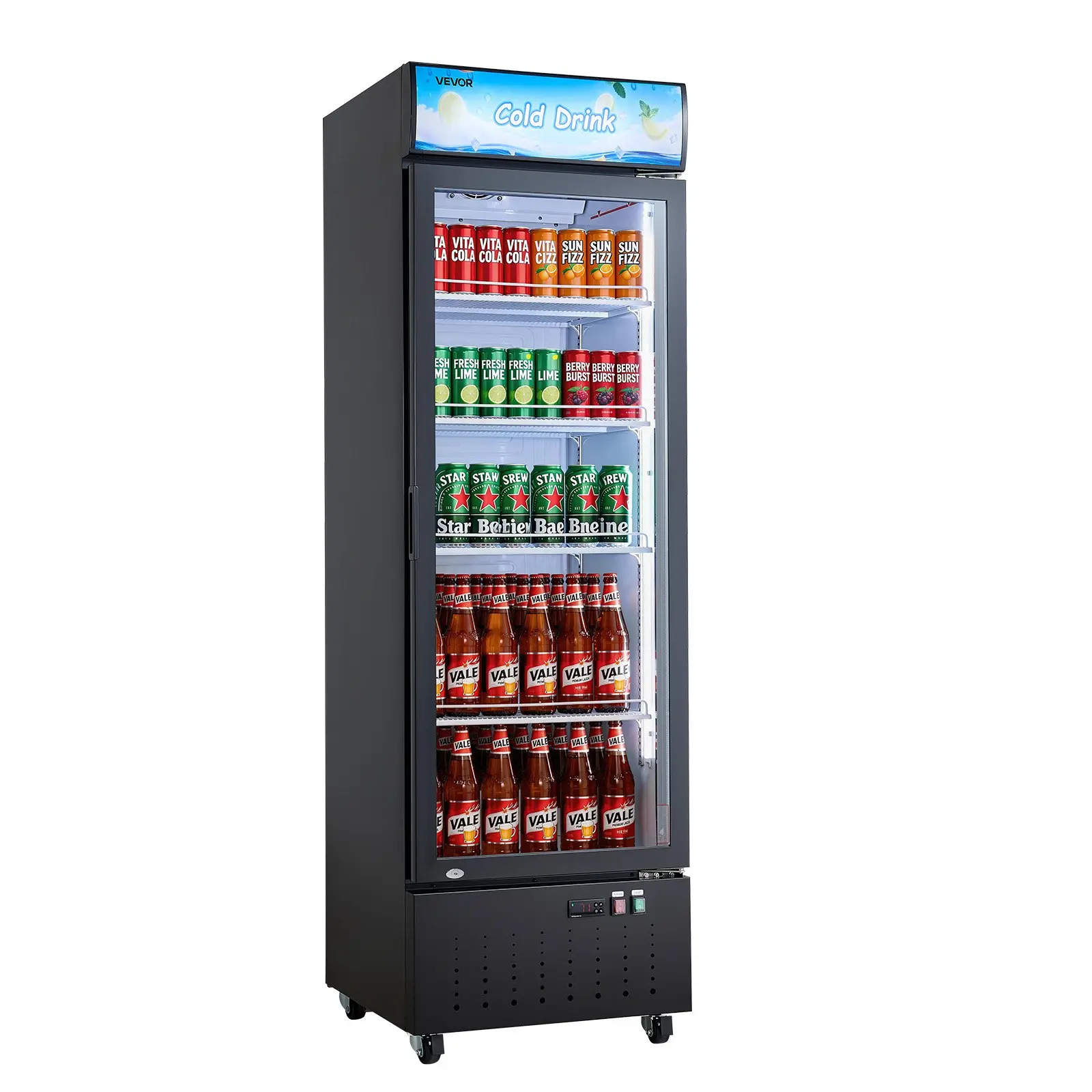 VEVOR Commercial Glass Door Merchandiser Refrigerator, 12.7 Cu.Ft/360L Upright Beverage Cooler with Customizable Lightbox, 4 Adjustable Shelves, LED Lighting, Auto Defrost, 2.11 kwh/24h, 23.4x23.6x76.8in for Shops