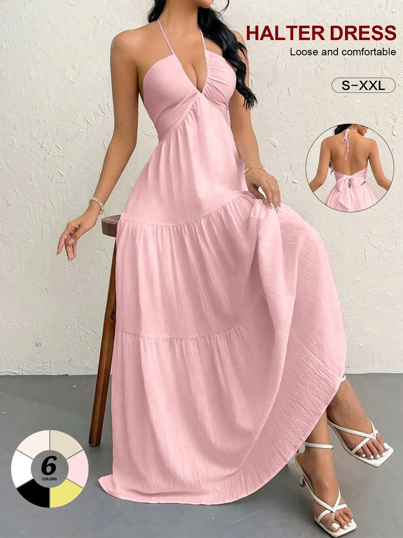 Halter-Neck V-Neck Maxi Dress with Adjustable Back Tie, Pleated Tiered Flared Cake-Style, Flattering Fit Long Beach Dress, 6 Colors, Sizes S–xxl