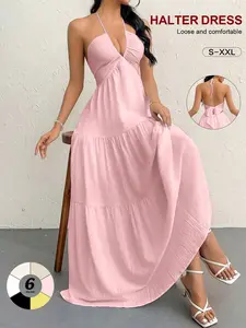 Halter-Neck V-Neck Maxi Dress with Back Tie, Pleated Tiered Flared Cake-Style, Flattering Long Beach Dress, 6 Colors, Sizes S–xxl
