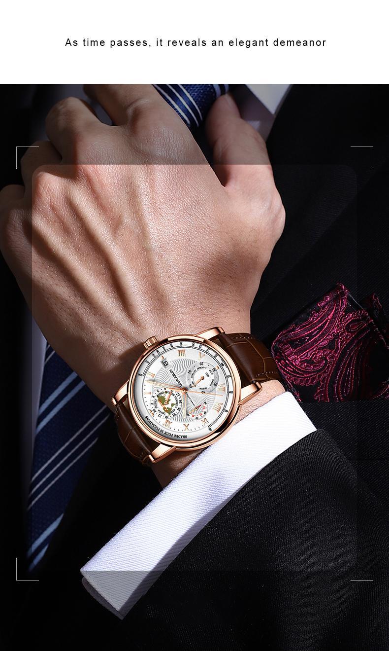 Men's Navigator high-end fashion watch: Swiss original movement, 42mm dial, leather strap, stainless steel case, waterproof luminous function, scratch and knock resistant, suitable for parties, business meetings, casual wear.