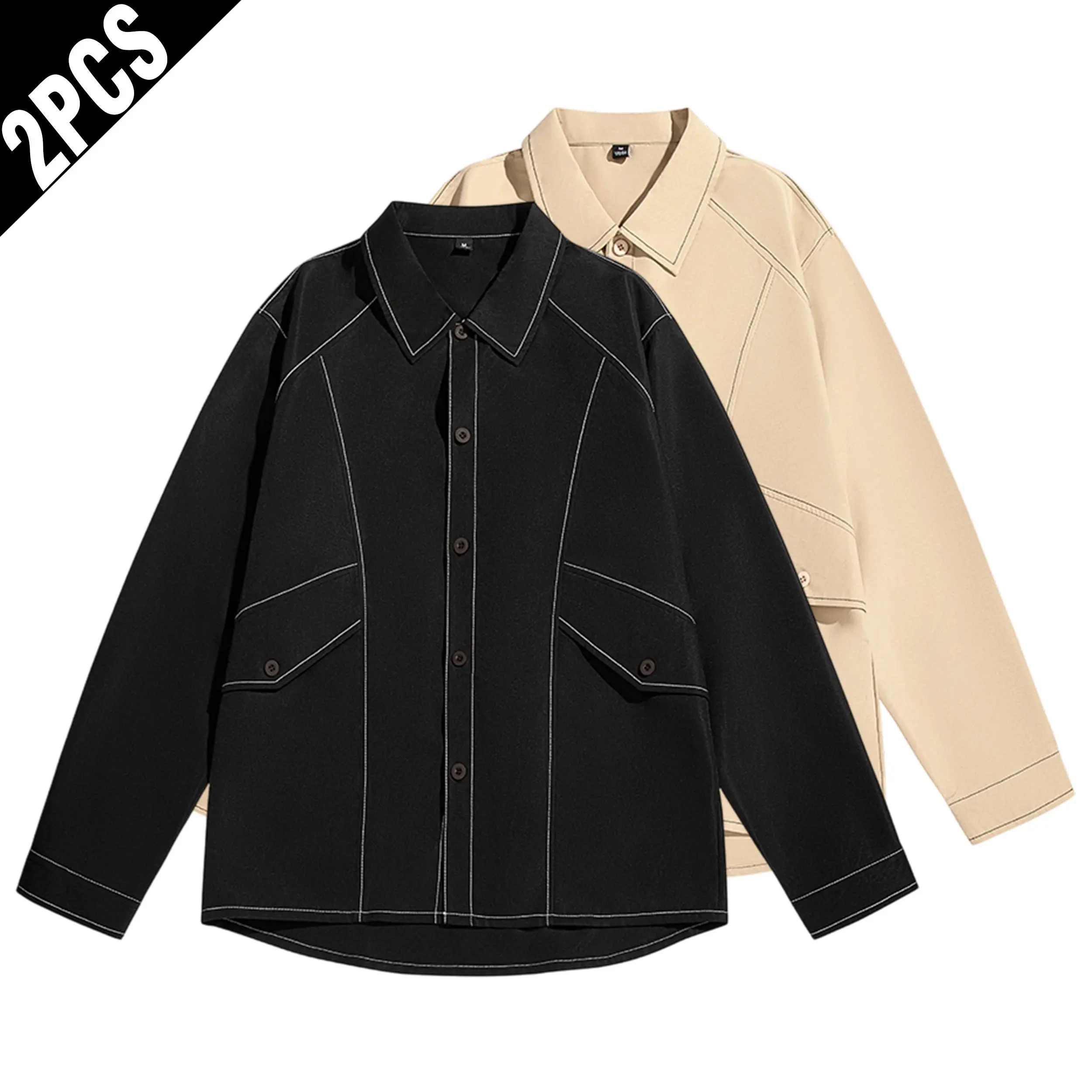 Men's 2-Pack Oversized Collared Neck Shacket - Medium Length Plain Long Sleeve Casual Tops with Contrast Stitching, Dual Pockets