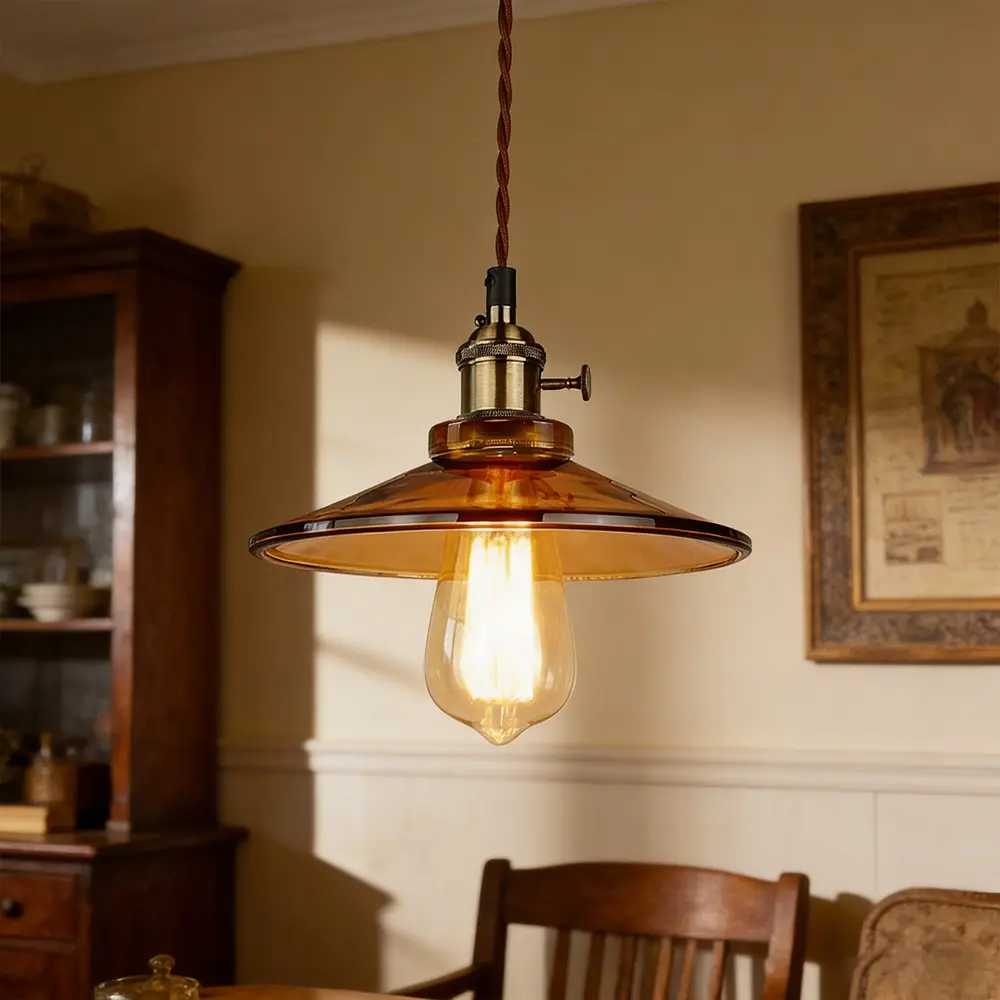 Vintage Industrial Amber Glass Decorative Pendant Light, Single Head Dimmable Hanging Lamp, Farmhouse Style E27 Lighting Fixture, Kitchen Island, Bar, Cafe