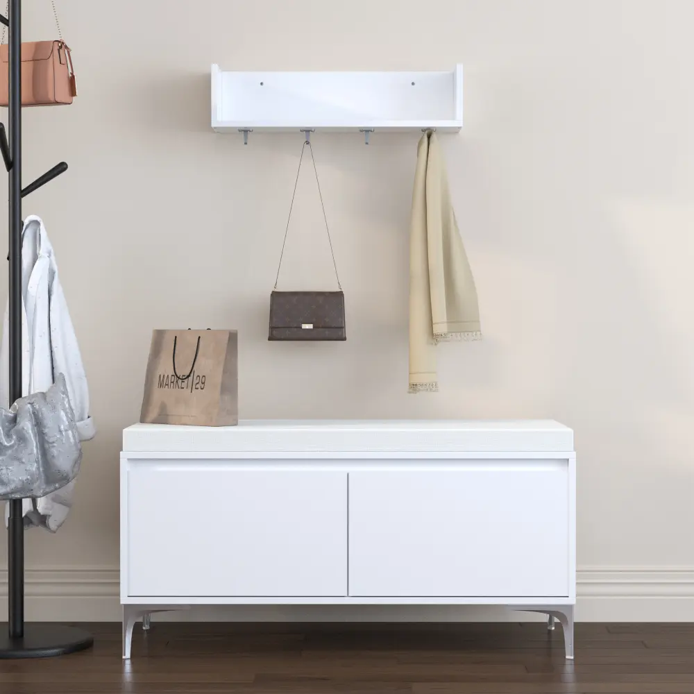 Modern White Wall-Mounted Hall Tree - Cushioned Seat, Floating Rack, Hooks, Closed Doors, Entryway Shoe Storage Bench Cabinet for Small Space Mudroom Home Organization Furniture