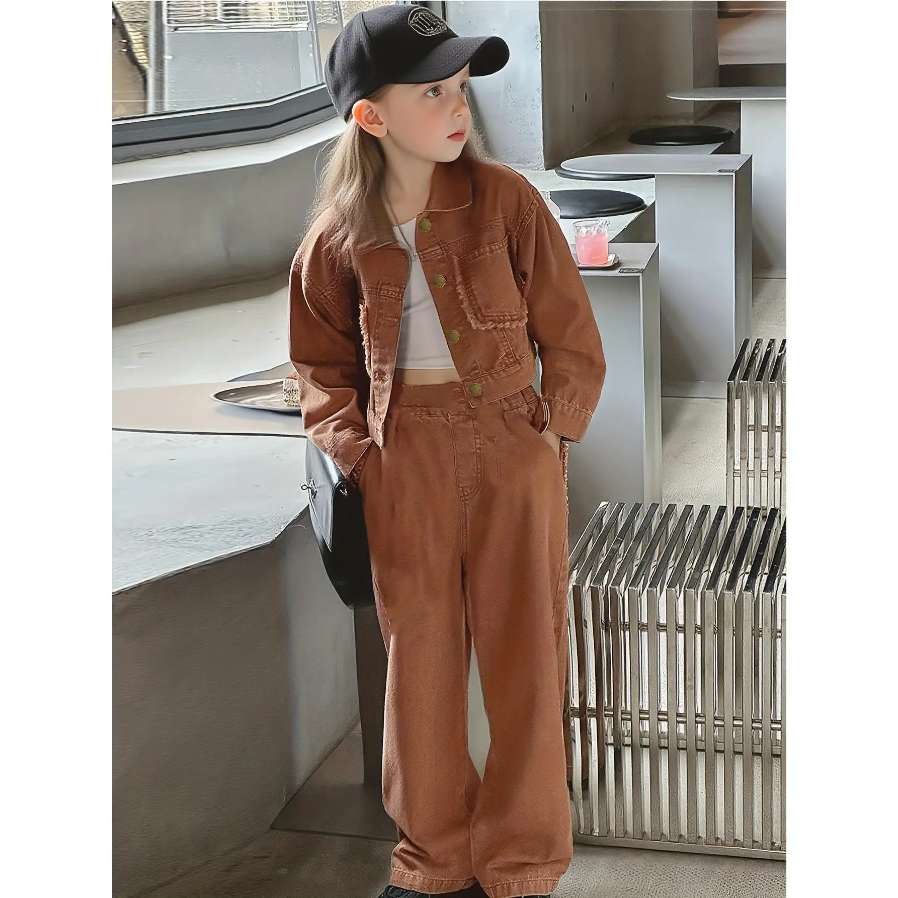 Girls' Spring/Autumn New Arrival Set: Fashionable Denim Jacket and Wide-Leg Pants 2pcs Set, Long-Sleeve Top and Long Pants, 2pcs Set for Girls, Street Style YZ24092, Perfect for Outdoor
