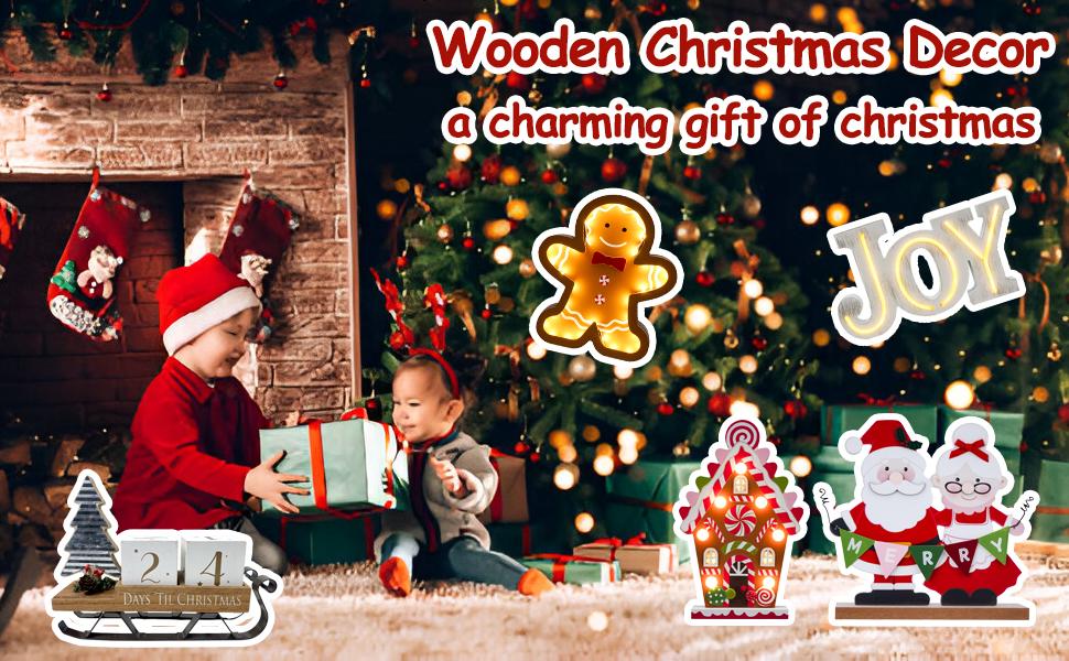 Christmas Tree Countdown Block LED Lighted 99 Days Until Christmas Wreath Calendar Tabletop with Timer Number Date Rustic Wooden Home Decor Holiday Xmas Ornament Desk Decoration Gift