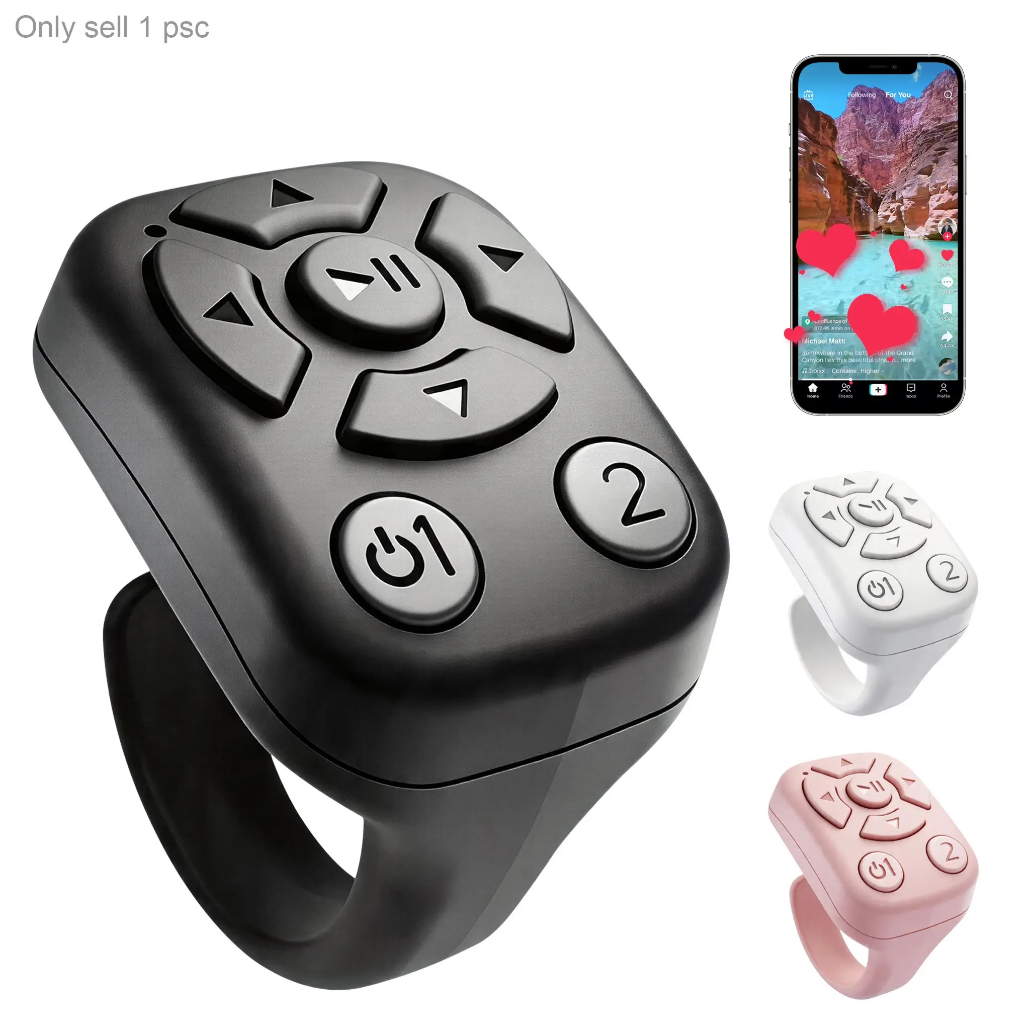 TTikTok Remote Control Ring, Wireless Phone Video Scroller and Page Turner, Compatible with iPhone Android, Camera Shutter Remote for Selfies, E-Books, Music and Short Videos