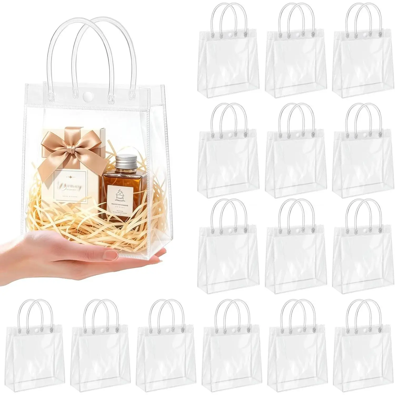 15 PCS Clear PVC Gift Bags with Handles,Small Reusable Plastic Party Favor Bags, Transparent Goodie Bags for Wedding,Baby Shower, Birthday (6.1" x 6.1" x 2.7")
