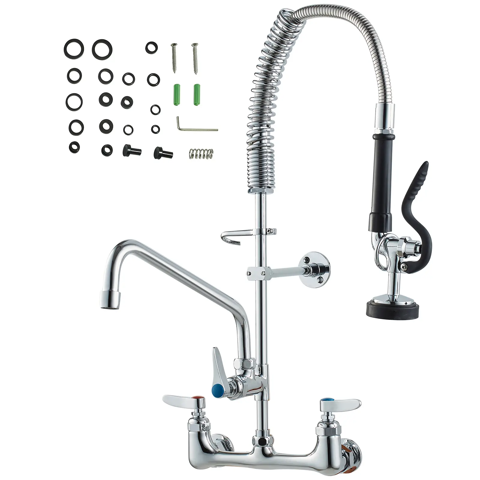 Wall-Mounted Kitchen Faucet, 25" Tall, 8" Center Distance, 12" Rotatable Spout, Includes Pre-Rinse Spray, Brass Build, Pull-Down Feature, Suitable for Multi-Compartment Sinks