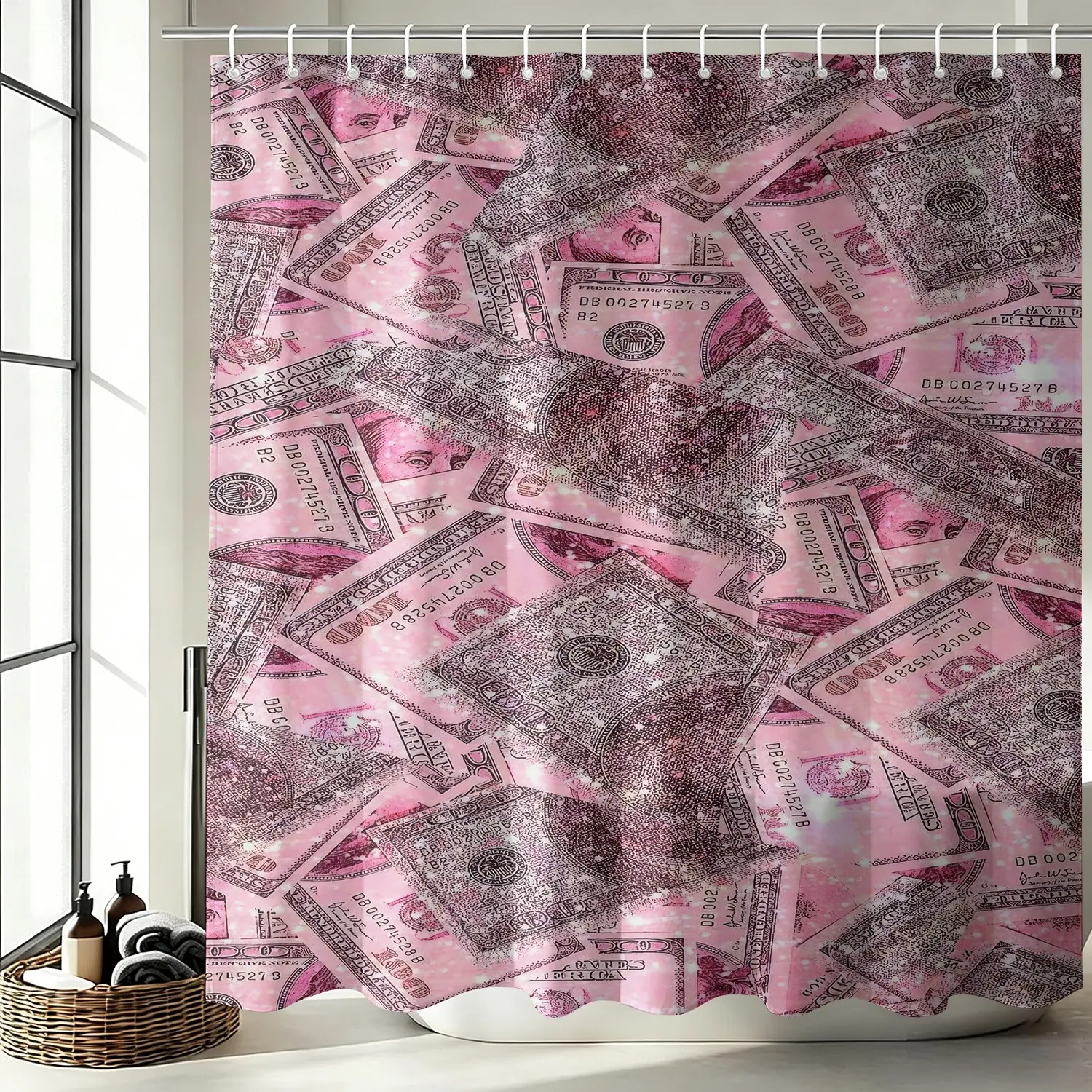 Pink Glitter Dollar Bill Shower Curtain Set, Waterproof Fabric Bathtub Curtain 72"x72" with 12 Free Hooks, Sparkly Luxury Cash Print, Unique Holiday Birthday Gift Bathroom Decor Accessories for Glam Money Enthusiasts