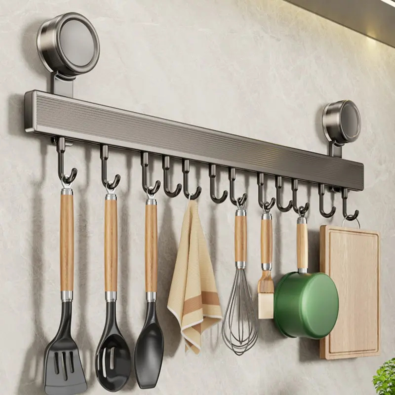 No Drill Suction Cup Kitchen Utensil Rack, Aluminum Wall Mount Hook Organizer, Space Saving Hanging Holder for Spoons, Towels and Tools, Modern Brushed Finish for Kitchen Bathroom Office