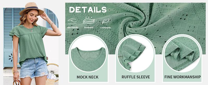 Women's Summer Tops Crewneck Eyelet Ruffle Short Sleeve Blouses Casual Babydoll Shirts 2025 S-2XL Lightweight Soft Knitted Fabric Trendy Babydoll Style