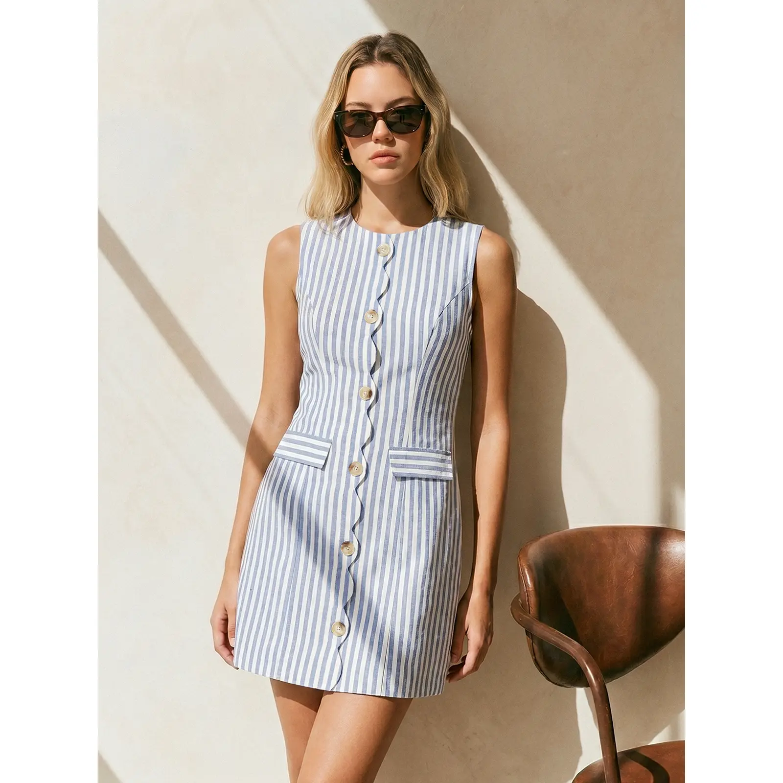 Scallop Trim Striped Sleeveless Mini Dress